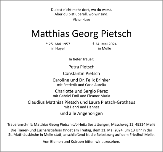 Traueranzeige von Matthias Georg Pietsch von Neue Osnabrücker Zeitung GmbH & Co. KG