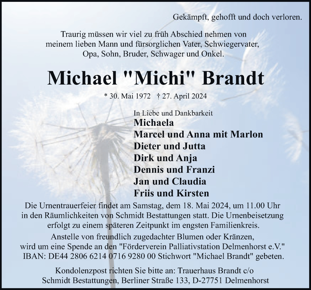  Traueranzeige für Michael Brandt vom 11.05.2024 aus DK Medien GmbH & Co. KG
