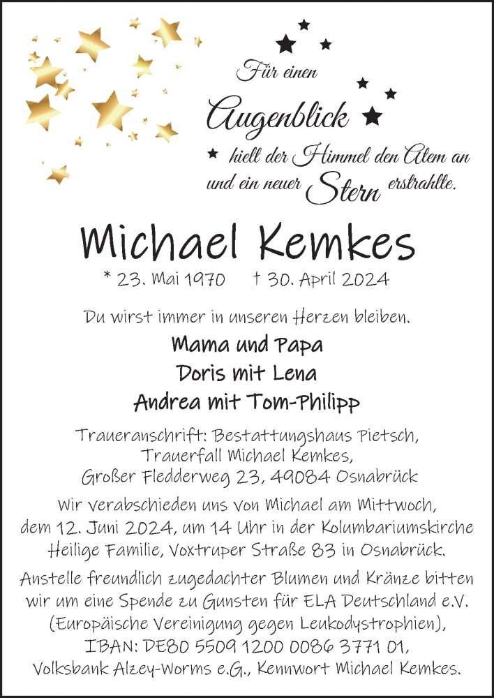  Traueranzeige für Michael Kemkes vom 11.05.2024 aus Neue Osnabrücker Zeitung GmbH & Co. KG