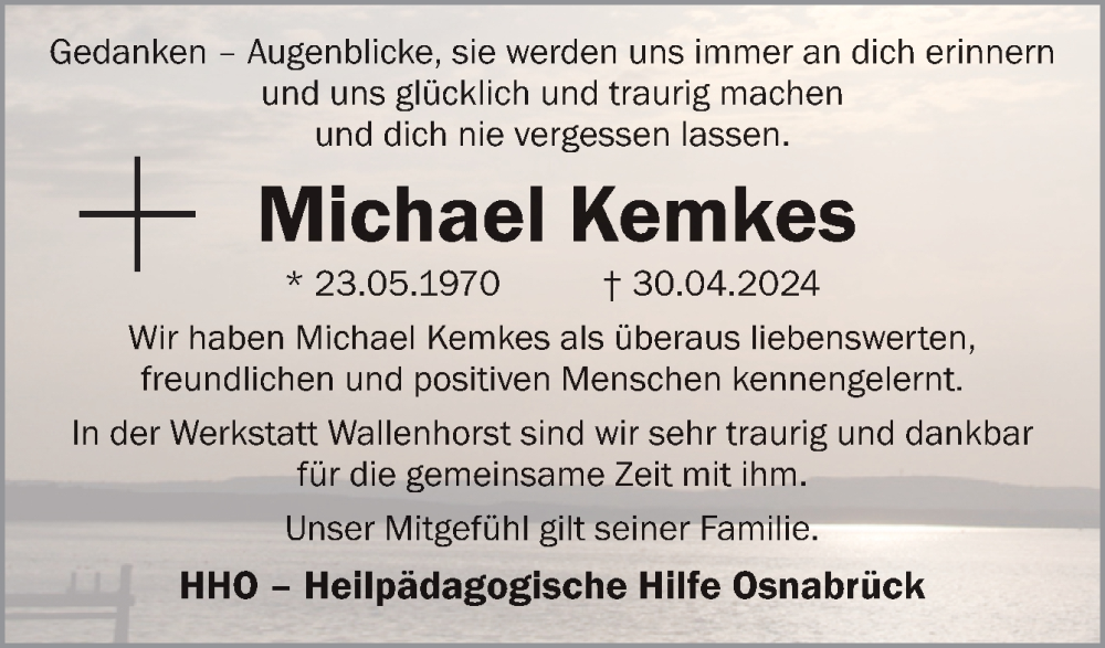  Traueranzeige für Michael Kemkes vom 11.05.2024 aus Neue Osnabrücker Zeitung GmbH & Co. KG