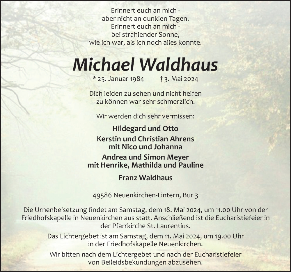  Traueranzeige für Michael Waldhaus vom 08.05.2024 aus Neue Osnabrücker Zeitung GmbH & Co. KG