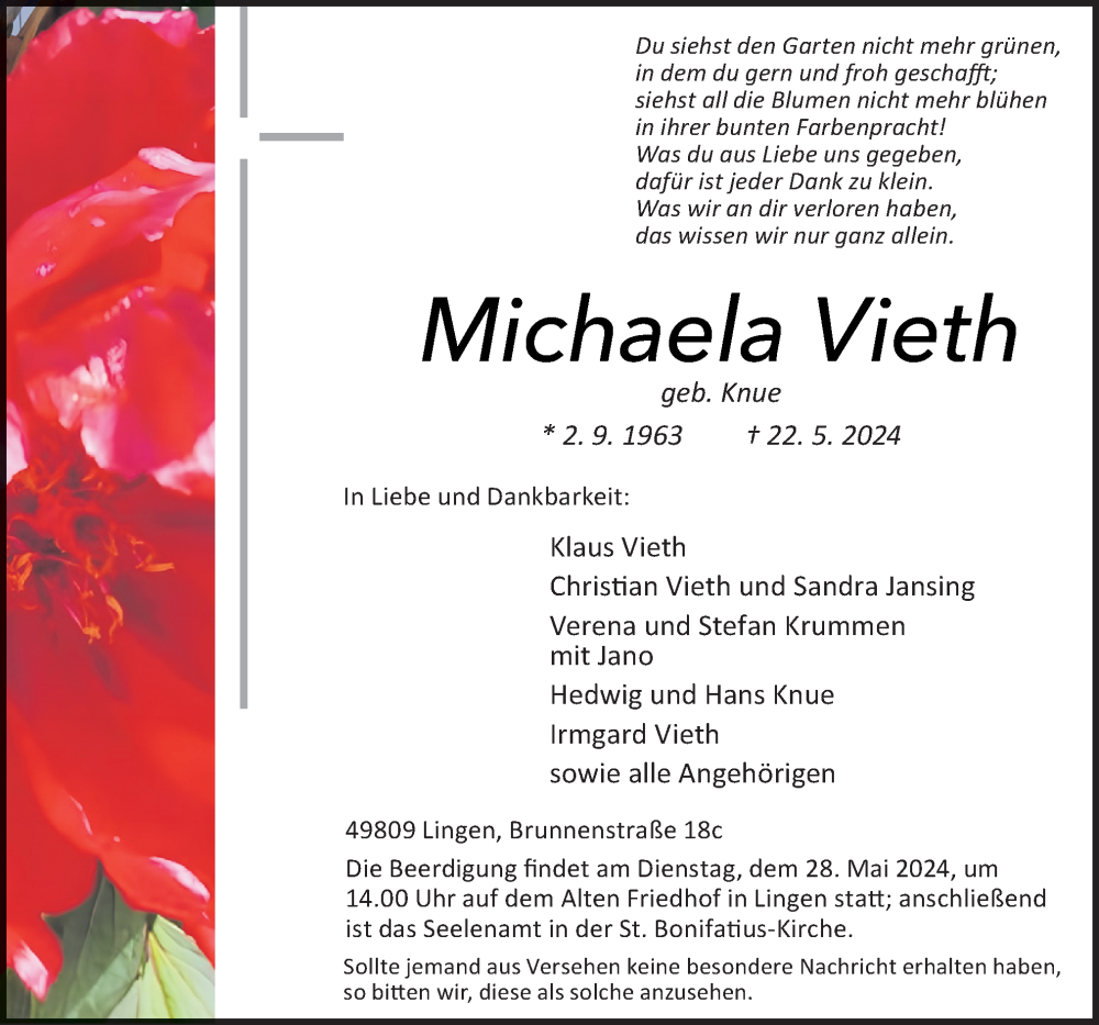  Traueranzeige für Michaela Vieth vom 25.05.2024 aus Neue Osnabrücker Zeitung GmbH & Co. KG