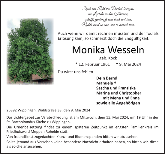 Traueranzeige von Monika Wesseln von Neue Osnabrücker Zeitung GmbH & Co. KG