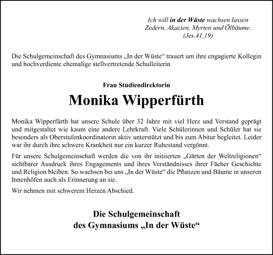 Traueranzeige von Monika Wipperfürth von Neue Osnabrücker Zeitung GmbH & Co. KG