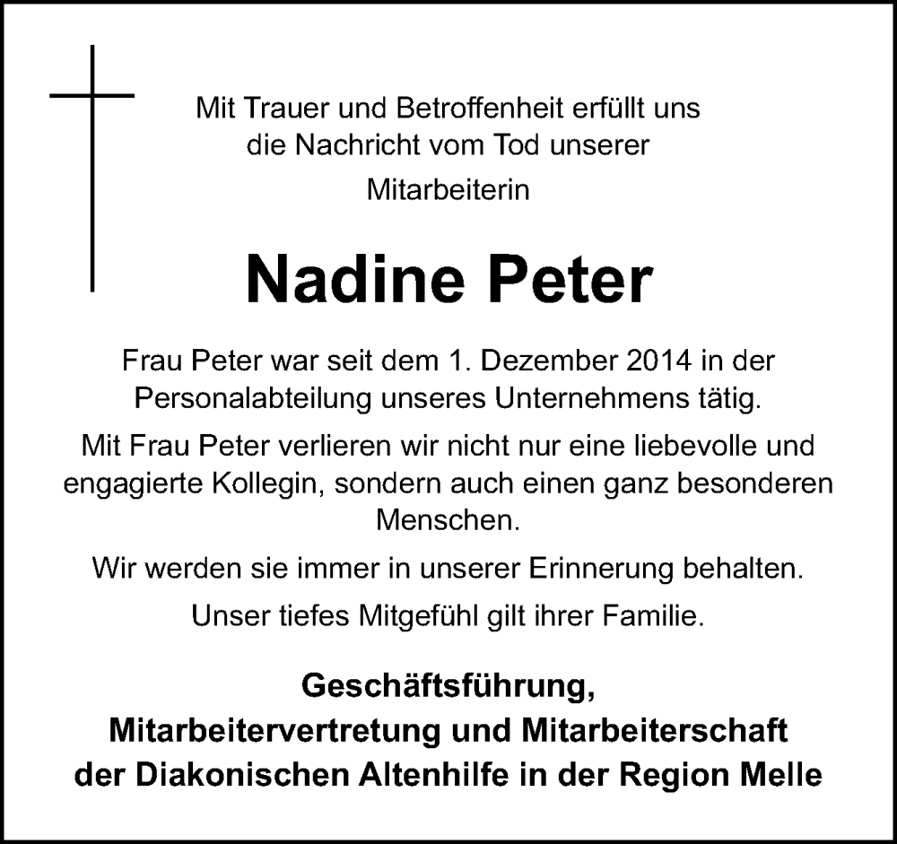  Traueranzeige für Nadine Peter vom 31.05.2024 aus Neue Osnabrücker Zeitung GmbH & Co. KG