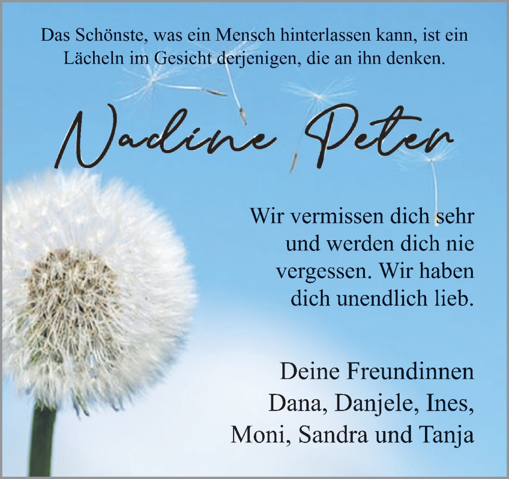  Traueranzeige für Nadine Peter vom 31.05.2024 aus Neue Osnabrücker Zeitung GmbH & Co. KG