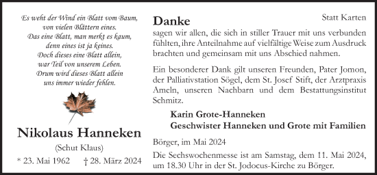 Traueranzeige von Nikolaus Hanneken von Neue Osnabrücker Zeitung GmbH & Co. KG