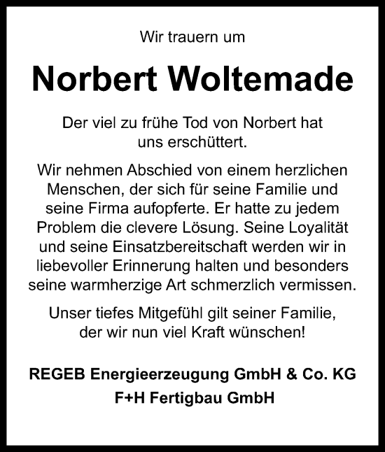 Traueranzeige von Norbert Woltemade von Neue Osnabrücker Zeitung GmbH & Co. KG