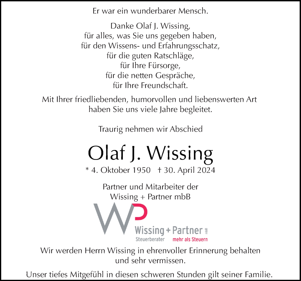  Traueranzeige für Olaf J. Wissing vom 04.05.2024 aus Neue Osnabrücker Zeitung GmbH & Co. KG