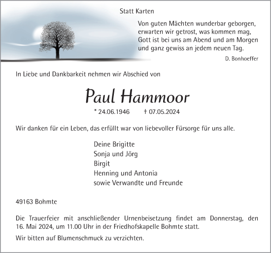 Traueranzeige von Paul Hammoor von Neue Osnabrücker Zeitung GmbH & Co. KG