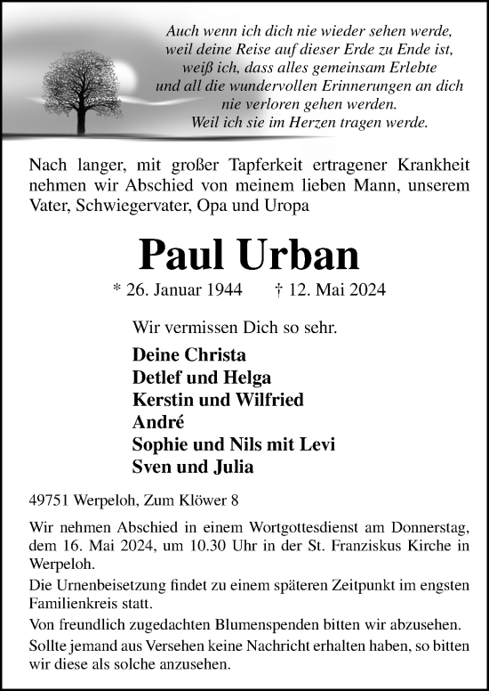 Traueranzeige von Paul Urban von Neue Osnabrücker Zeitung GmbH & Co. KG