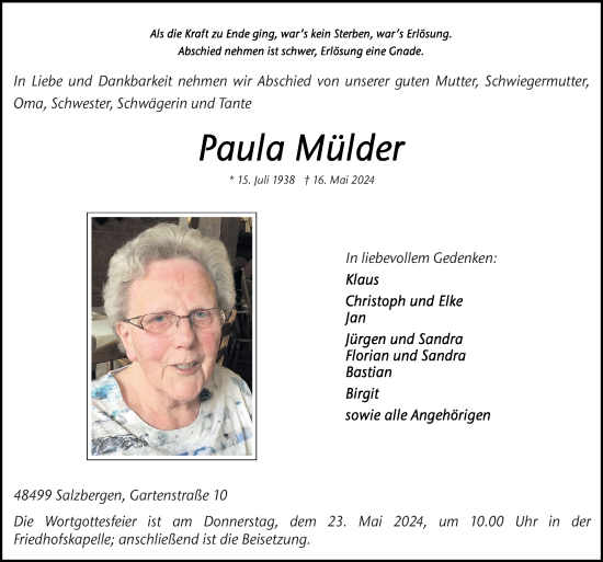 Traueranzeige von Paula Mülder von Neue Osnabrücker Zeitung GmbH & Co. KG