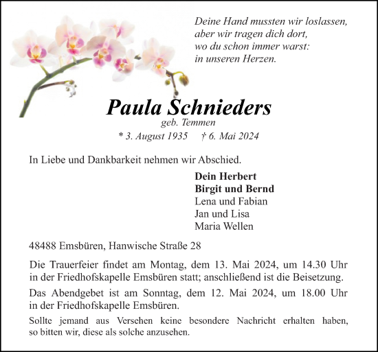 Traueranzeige von Paula Schnieders von Neue Osnabrücker Zeitung GmbH & Co. KG