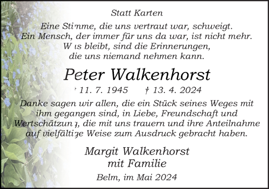 Traueranzeige von Peter Walkenhorst von Neue Osnabrücker Zeitung GmbH & Co. KG