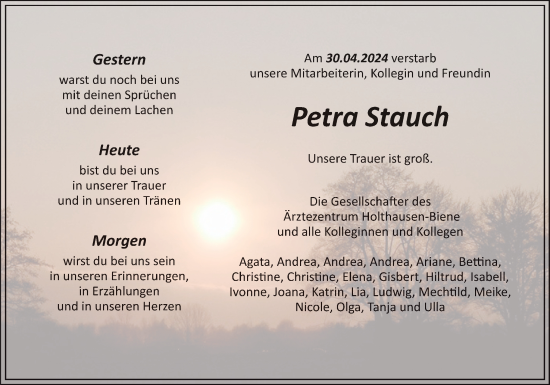 Traueranzeige von Petra Stauch von Neue Osnabrücker Zeitung GmbH & Co. KG