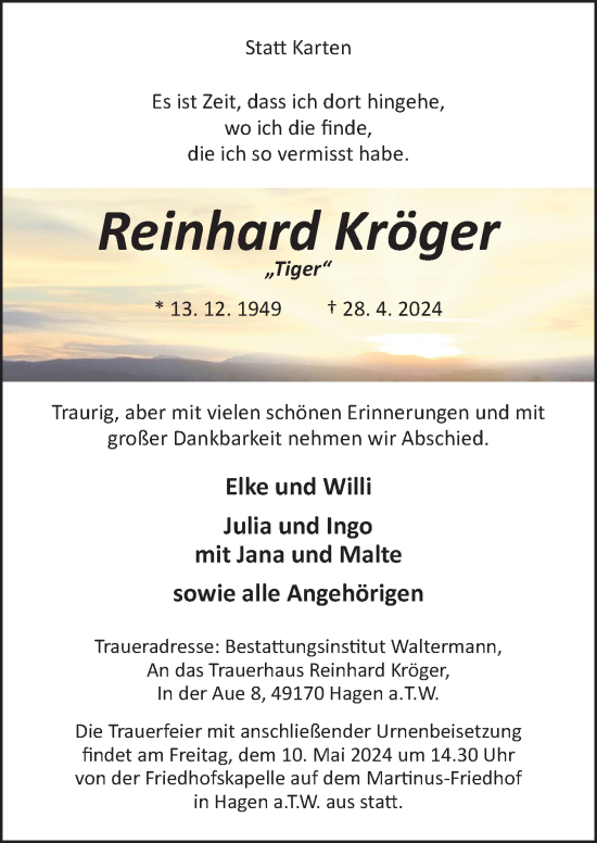 Traueranzeige von Reinhard Kröger von Neue Osnabrücker Zeitung GmbH & Co. KG