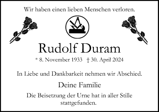 Traueranzeige von Rudolf Duram von Neue Osnabrücker Zeitung GmbH & Co. KG