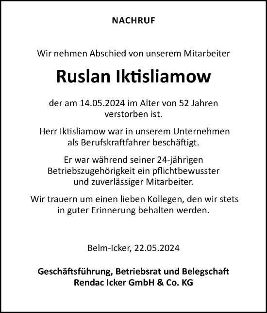 Traueranzeige von Ruslan Iktisliamow von Neue Osnabrücker Zeitung GmbH & Co. KG