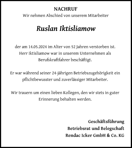 Traueranzeige von Ruslan Iktisliamow von Neue Osnabrücker Zeitung GmbH & Co. KG