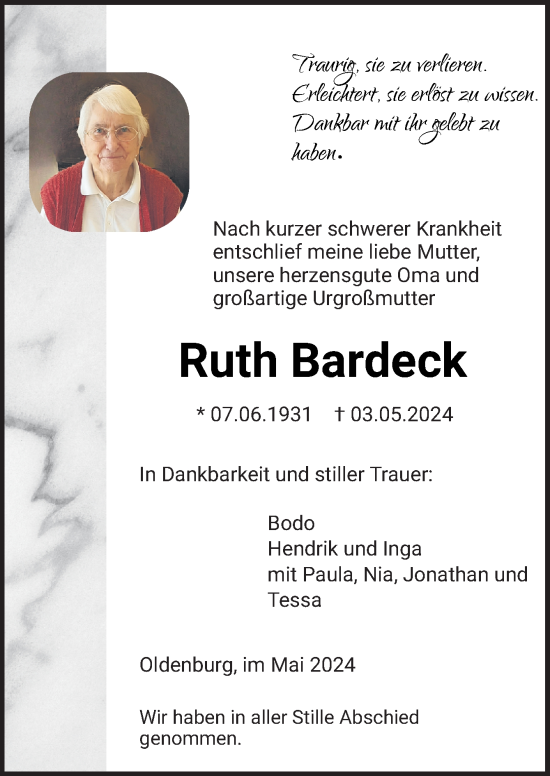Traueranzeige von Ruth Bardeck von DK Medien GmbH & Co. KG