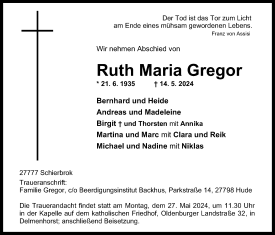 Traueranzeige von Ruth Maria Gregor von DK Medien GmbH & Co. KG