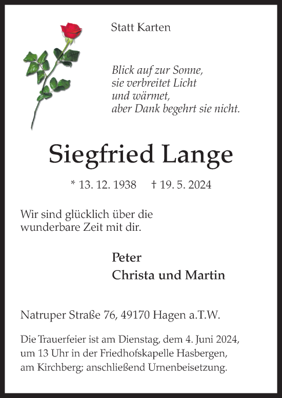 Traueranzeige von Siegfried Lange von Neue Osnabrücker Zeitung GmbH & Co. KG