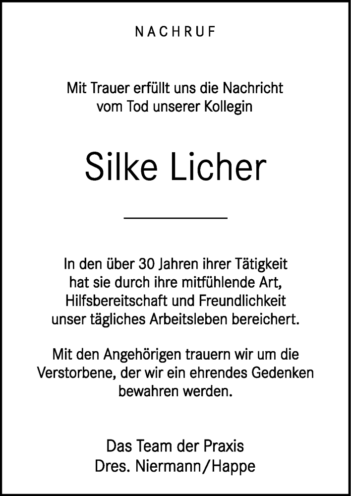  Traueranzeige für Silke Licher vom 04.05.2024 aus Neue Osnabrücker Zeitung GmbH & Co. KG
