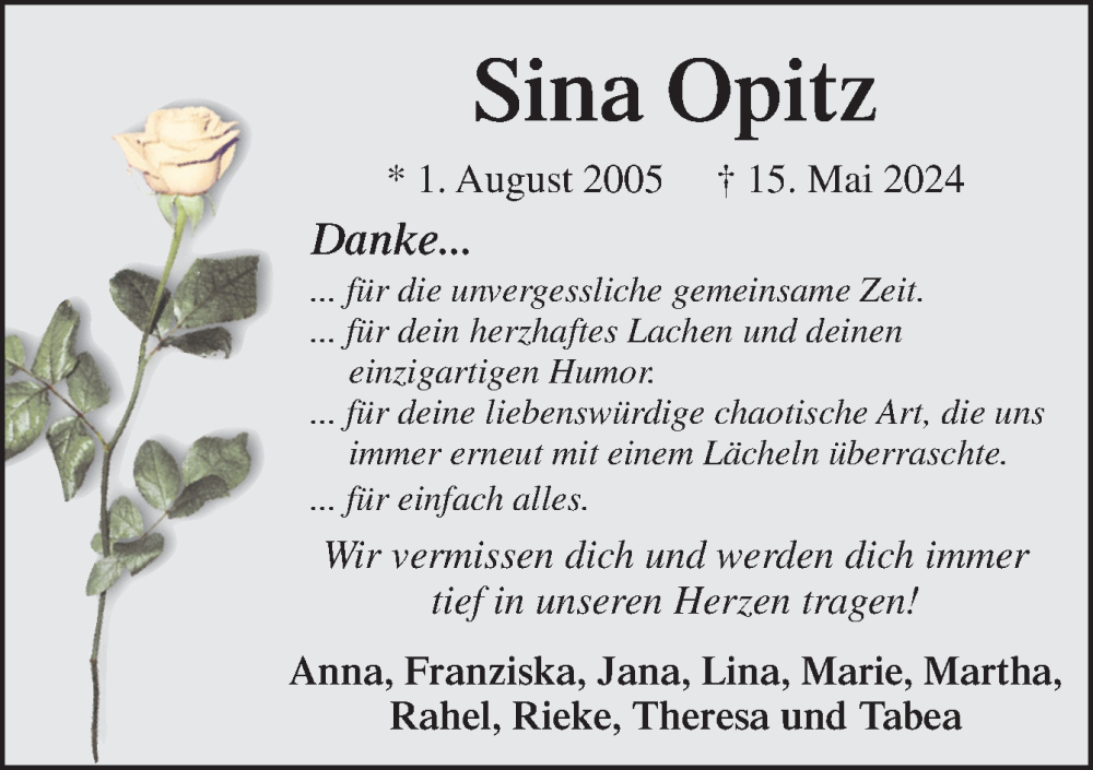  Traueranzeige für Sina Opitz vom 25.05.2024 aus Neue Osnabrücker Zeitung GmbH & Co. KG