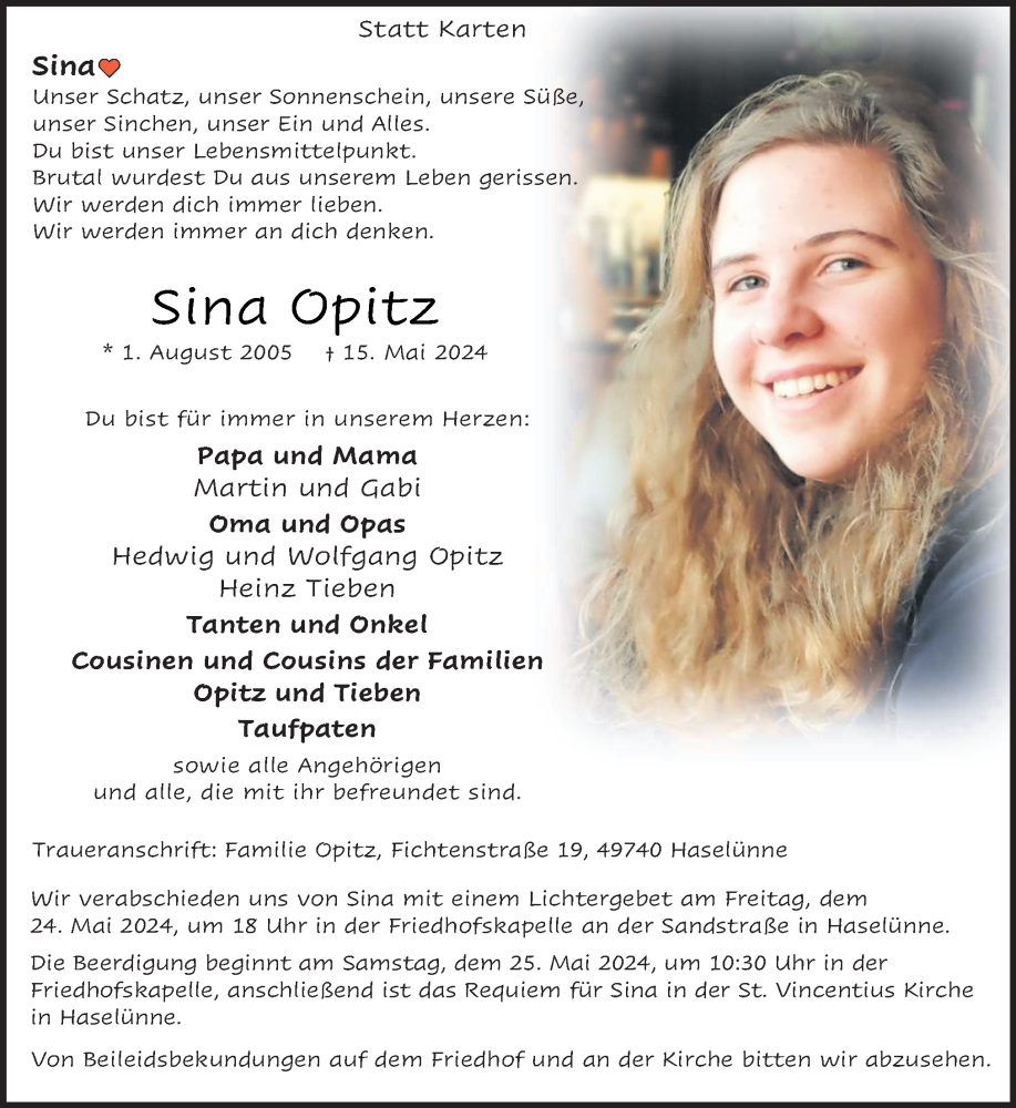  Traueranzeige für Sina Opitz vom 21.05.2024 aus Neue Osnabrücker Zeitung GmbH & Co. KG