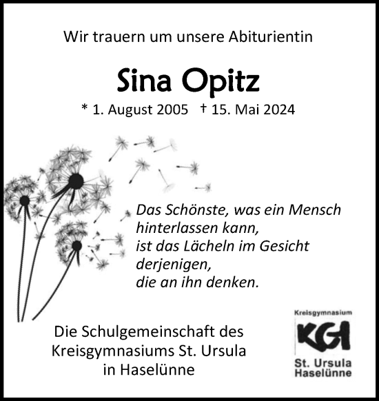 Traueranzeige von Sina Opitz von Neue Osnabrücker Zeitung GmbH & Co. KG