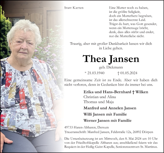 Traueranzeige von Thea Jansen von Neue Osnabrücker Zeitung GmbH & Co. KG