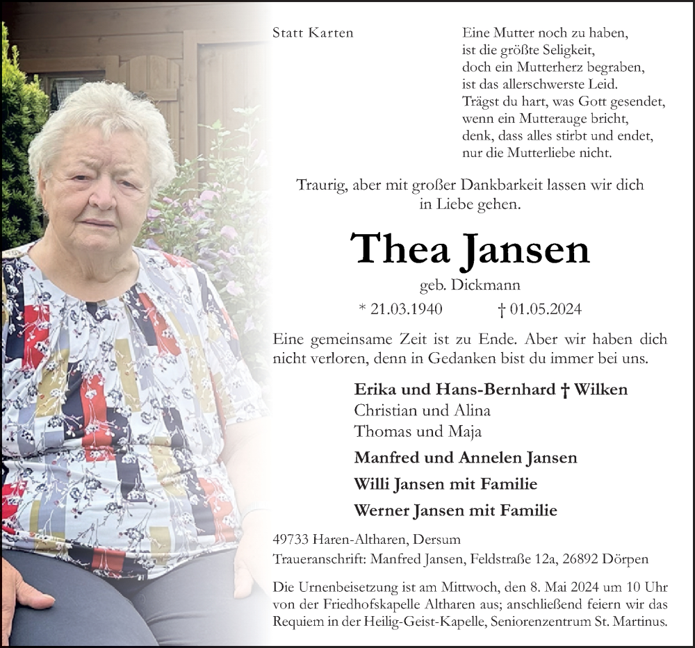  Traueranzeige für Thea Jansen vom 04.05.2024 aus Neue Osnabrücker Zeitung GmbH & Co. KG