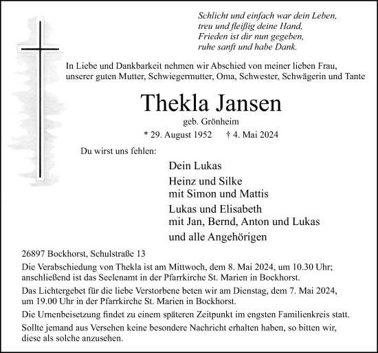 Traueranzeige von Thekla Jansen von Neue Osnabrücker Zeitung GmbH & Co. KG