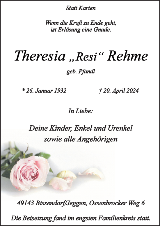 Traueranzeige von Theresia Rehme von Neue Osnabrücker Zeitung GmbH & Co. KG