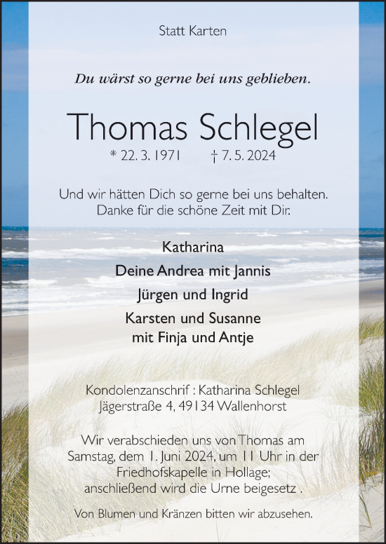 Traueranzeige von Thomas Schlegel von Neue Osnabrücker Zeitung GmbH & Co. KG