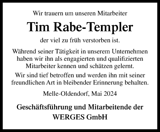 Traueranzeige von Tim Rabe-Templer von Neue Osnabrücker Zeitung GmbH & Co. KG