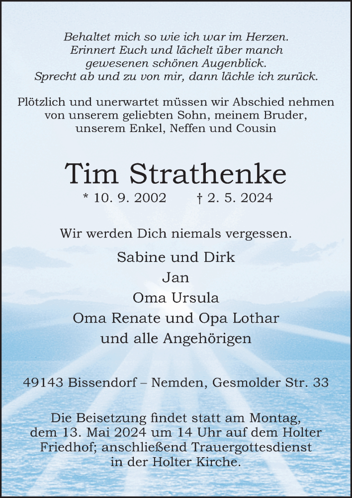  Traueranzeige für Tim Strathenke vom 08.05.2024 aus Neue Osnabrücker Zeitung GmbH & Co. KG