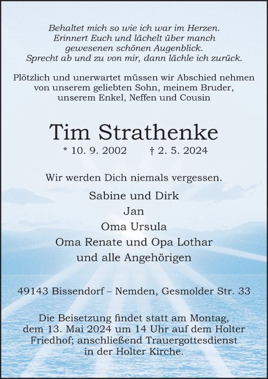 Traueranzeige von Tim Strathenke von Neue Osnabrücker Zeitung GmbH & Co. KG