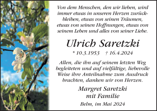 Traueranzeige von Ulrich Saretzki von Neue Osnabrücker Zeitung GmbH & Co. KG