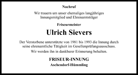 Traueranzeige von Ulrich Sievers von Neue Osnabrücker Zeitung GmbH & Co. KG