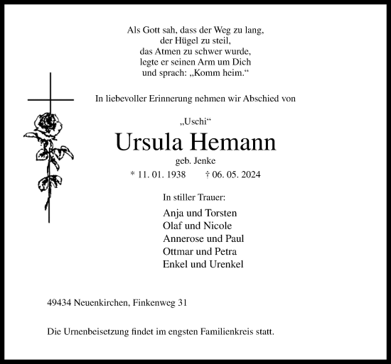 Traueranzeige von Ursula Hemann von Neue Osnabrücker Zeitung GmbH & Co. KG