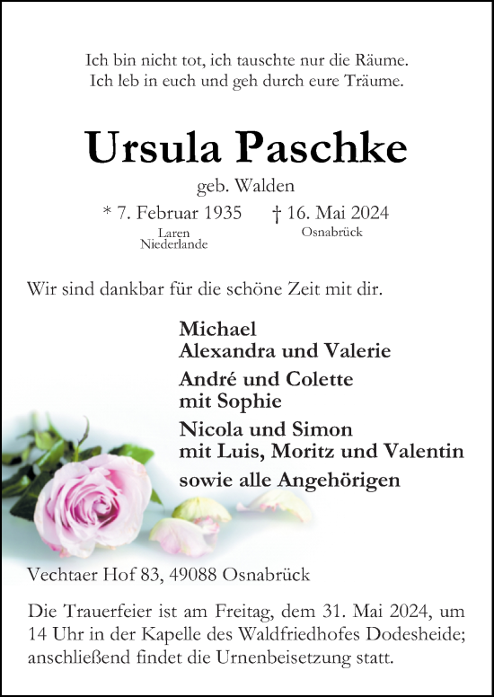 Traueranzeige von Ursula Paschke von Neue Osnabrücker Zeitung GmbH & Co. KG