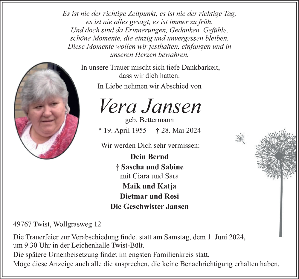 Traueranzeige für Vera Jansen vom 30.05.2024 aus Neue Osnabrücker Zeitung GmbH & Co. KG