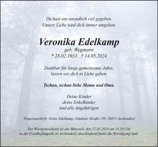 Traueranzeige von Veronika Edelkamp von Neue Osnabrücker Zeitung GmbH & Co. KG