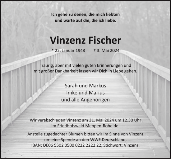Traueranzeige von Vinzenz Fischer von Neue Osnabrücker Zeitung GmbH & Co. KG