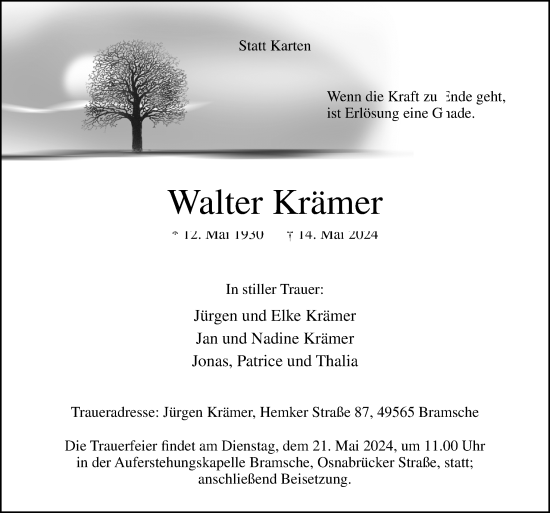Traueranzeige von Walter Krämer von Neue Osnabrücker Zeitung GmbH & Co. KG