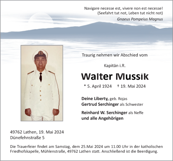 Traueranzeige von Walter Mussik von Neue Osnabrücker Zeitung GmbH & Co. KG