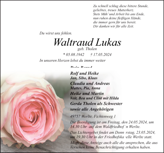 Traueranzeige von Waltraud Lukas von Neue Osnabrücker Zeitung GmbH & Co. KG