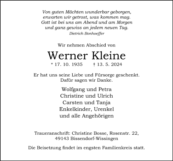 Traueranzeige von Werner Kleine von Neue Osnabrücker Zeitung GmbH & Co. KG