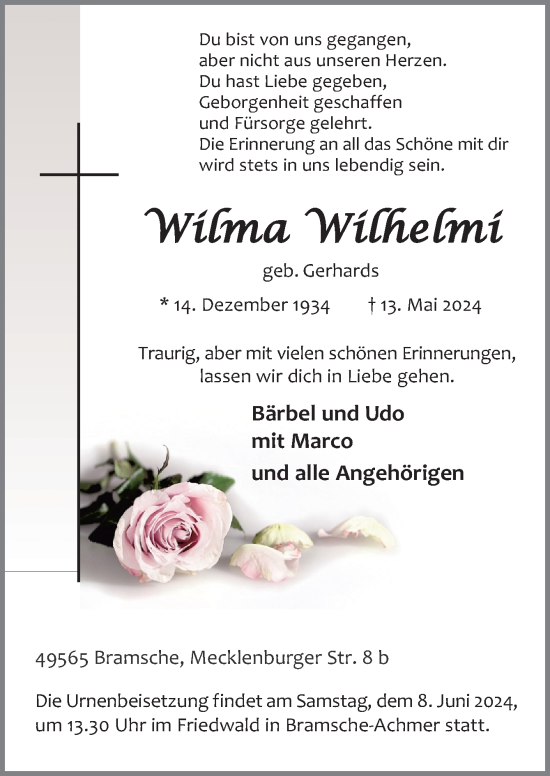 Traueranzeige von Wiilma Wilhelmi von Neue Osnabrücker Zeitung GmbH & Co. KG